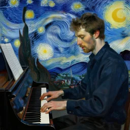 attractive male playing piano, starry night, painting by gaston bussiere, craig mullins, j. c. leyendecker