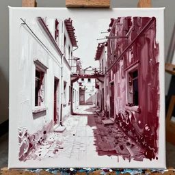 a photo of white paint mixed with dark red paint on an artist's canvas in the shape of an abandoned alley, photography, ultradetailed, 4 k ultra hd, 8 k uhd, iso 2 0 0, insanely beautiful, insanely intricate