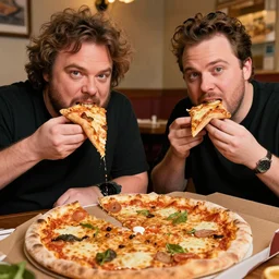 jack black and kyle gass eating pizza, highly detailed, trending on artstation, 8 k
