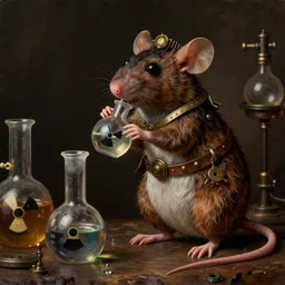 a steampunk mouse performing a chemistry experiment with radioactive beakers, realistic, chiaroscuro, renaissance art, realistic, intricate textures