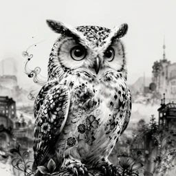 cinestill 5 0 d portrait shot of a dystopian beautiful owl hybrid ink by flora borsi, in a twilight scenic dystopian environment, intricate black ink hair floating in air, elegant, highly detailed, digital photo art, artstation, sharp focus, 8 k, 3 d, head in focus, tonal matt tomasz alen kopera, peter mohrbacher. donato giancol