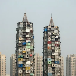 two high towers, made up of makeshift squatter shacks with faded colours, plain uniform sky at the back, uneven fog, mamiya, fully frontal view, ultra sharp, very detailed, photographed by julie blackmon