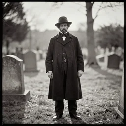 an undertaker standing in a graveyard. backlight photo, daguerreotype