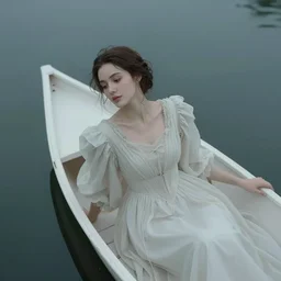 cinestill 5 0 d aerial view portrait of a dreamy beautiful woman on little boat by roversi like lady of shalott by waterhouse 3 5 mm lens, 8 k, elegant, highly detailed, pale mute matt, soft blur, artstation, sharp focus, head in focus