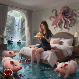 tall emo girl holding pancakes in her flooded bedroom, pigs, pomegranates, octopus, floating sculptures, luxury apartment bedroom, art on the walls, fish, zen, waterfall, black swans, canoe, berries, surrealist, digital painting, artstation