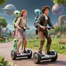 detailed, sharp, a girl and a boy riding their back to the future style hoverboards with their pet alien creature, wearing 1850s era clothes, in a park on an alien planet, extremely highly detailed, hyperrealistic, highly detailed faces, 70 mm still from a period sci fi movie, 4k, HD