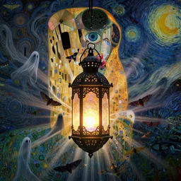 The Ghost Lure by Karol Bak, Jean Deville, Gustav Klimt, and Vincent Van Gogh, mystic eye, otherworldly, ornate glowing lantern, radiant halo, shafts of light, shadowy ghost moths, moths, moth silhouettes, ghost whirlwind, tears, crying, fractal structures, arcane, inferno, inscribed runes, infernal relics, ornate gilded medieval icon, third eye, spirals