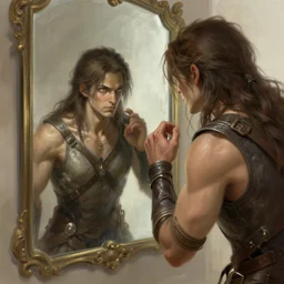 warrior character and its reflexion in a mirror, highly detailed, digital painting, artstation, illustration by artgerm
