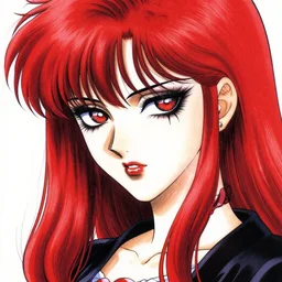 highly detailed professional portrait of 9 0 s seinen manga art of goth woman with red hair, black makeup, and red eyes. chunibyo. manga cover promotional art. drawn by