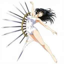 it's an anime drawing by takeshi obata, it depicts a woman, lithe and graceful, leaping through the air, with a dozen swords, spinning, flying, and exploding all around her. in the background, the night sky is dark, filled with stars, and the moon is out, shining bright.