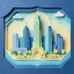 layered paper solarpunk cityscape