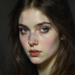 high quality extremely detailed portrait of a young gorgeous female warlock looking away from the camera, detailed eyes, sparkle in eyes, no hands visible, fantasy, d & d, intricate, painting by lucian freud and mark brooks, hd