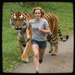 screenshot of go pro footage from front view emma watson running in front of tiger over shoulder tiger behind emma