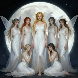 group portrait of fairies of the moon, pale, white dress, mystical, lunacy, digital illustration, by rossdraws, alphonse mucha, frank fanzzeta, collectible car art
