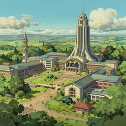 afro futuristic college campus in the year 1 8 7 0, beautiful landscape, concept art render, by studio ghibli and dwayne mcduffie and denys cowan, hot pink and gold color scheme, 3 2 k, hd, intricate details, no people, epic composition