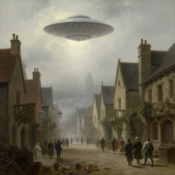 ufo's invading a medieval town, view from the street, foggy and overcast, concept art, albert bierstadt, thomas cole