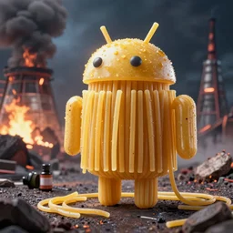 an android made of spaghetti looking over a nuclear disaster, hyper realistic photography, 4 k