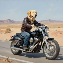 “an English cream golden retriever riding a motorcycle wearing a leather jacket on a desert road, oil painting”