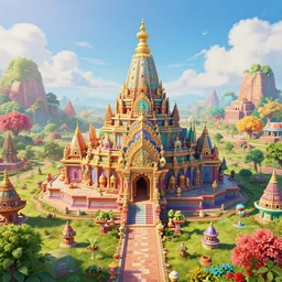 foto von einem grossen bunten indischen tempel in einer bunten fantasie landschaft, unreal engine, 3 d render, insanely integrate