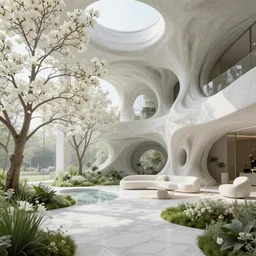 highly detailed villa garden natural beautiful light interior soft cinematic composition of a biophilic concrete nebula fluid white magnolias surreal scifi architecture romantic minimalist landscape, furniture, trees, grass, bed of flowers, water, marble, vincent callebaut composition, 8 k, unreal engine, hdr