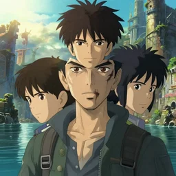 a full body portrait of a cyberpunk adventurer, finely detailed features, closeup at the faces, perfect art, in ancient city ruins, water, sun, gapmoe yandere grimdark, trending on pixiv fanbox, painted by ilya kushinov makoto shinkai takashi takeuchi studio ghibli, akihiko yoshida,