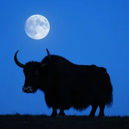 silhouette of a yak with a blue moon in the background