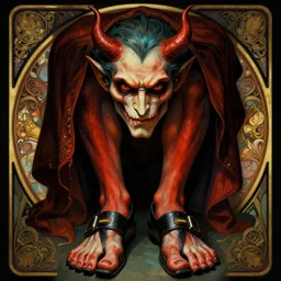 portrait of the devil wearing toe shoes ( vibram five fingers ), digital art, technicolor, grim - lighting, high - contrast, intricate, elegant, highly detailed, centered, digital painting, artstation, concept art, smooth, sharp focus, illustration, artgerm, greg rutkowski, alphonse mucha, karol bak