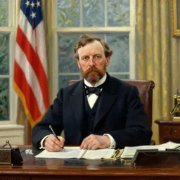 upper body portrait, united states president, 1 9 2 0's, oval office, resolute desk, a oil on canvas by sydney prior hall, trending on artstation