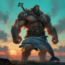 muscular oversized dolphin animal as barbarian hunter  with weapon and anthropomorphic human oversized mutant proportions and very hairy body , backlight  body , extreme very textured detailed panoramic  futuristic painting by rembrandt , silhouette over sunset, dramatic clouds and cyan atmosphere