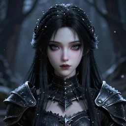 focus face portrait of beautiful darkness knight 3D anime girl, dark forest background, snowing, bokeh, inspired by Tim Burton, digital painting, high contrast, unreal engine render, volumetric lighting, high détail
