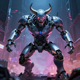 threatening robotic minotaur in the movie akira cinematic wide shot in the style of cyber punk