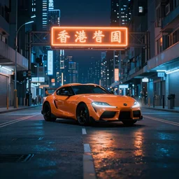 supra with a orange neon light above the car and a light reflection in the middle of a road on the night Hong Kong china town, blue color grading, cinematic color grading , unreal 5, hyperrealistic, realistic, photorealistic, dynamic lighting, highly detailed, cinematic landscape, studio landscape, studio lighting