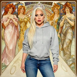 lady gaga,, gray hoodie, jeans, tiara, half body shot, path traced, highly detailed, high quality, digital painting, alena aenami, leonid afremov, lilia alvarado, shinji aramaki, karol bak, alphonse mucha, tom bagshaw