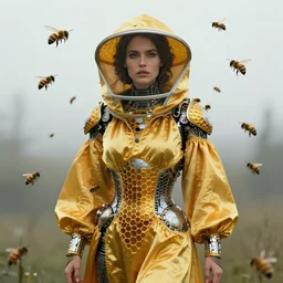 fantasy beekeeper, stunning woman, wearing nanotech honeycomb robe, silky, surrounded by bees, futuristic, sci-fi, cinematic, wlop, greg rutkowski, peter mohrbacher