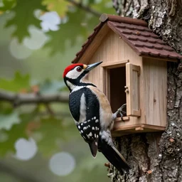 5 5 mm macro photo of a woodpecker inside a house in an oak tree, looking through the window. dof. bokeh. by artgerm and luis royo and jari peltomaki. highly detailed 8 k. intricate. lifelike. soft light. cinematic processing