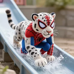 a closeup photorealistic photograph of a knitted spider man themed snow leopard riding down a water slide. splashing. professional capture. bright scene. this 4 k hd image is trending on artstation, featured on behance, well - rendered, extra crisp, features intricate detail, epic composition and the style of unreal engine.