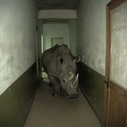 a rhinoceros in a stalinist style house corridor, by mini dv camera, very very low quality, heavy grain, very blurry, accidental flash, caught on trail cam