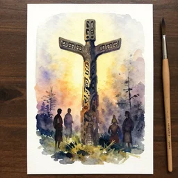small centered on watercolor paper, paint brush strokes, abstract watercolor painting of ancient scandinavian totem, cinematic light, national romanticism by hans dahl, by jesper ejsing, by anders zorn, by greg rutkowski, by greg manchess, by tyler edlin