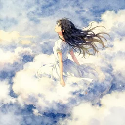dreamer in the cloud lands. watercolor by award - winning mangaka, romaticism, intricate details, depth of field