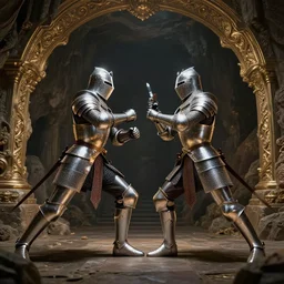 two knights fight in big cave, action scene, 8 k, lumen reflections, sharpened, insanely detailed and intricate, elegant, ornate