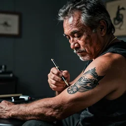 photograph a middle aged inuit getting a tattoo of a fountain pen done on his arm