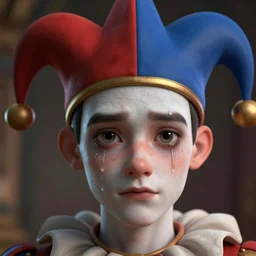 the sad jester with tears wearing tiny jester's cap, lovecraft scene, detailed portrait, 3 d, intricate details, by vincent di fate, artgerm, smooth gradients, octane render, 8 k, volumetric lightning, high contrast, depth of field, coherent face