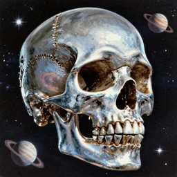 vintage sci-fi book cover, depicting a gigantic chrome skull in space, stars and planets visible, highlights, nebula, color bleed, film grain