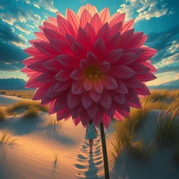 closeup giant dahlia flower head, girl walking between dunes, surreal photography, sunrise, blue sky, dramatic light, impressionist painting, digital painting, artstation, simon stalenhag