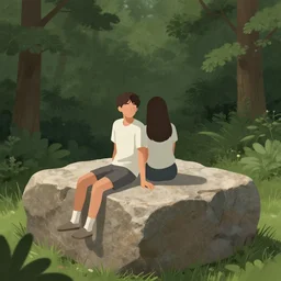 boyfriend and girlfriend sitting together on a large square rock in the forest