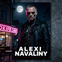 An dramatic,  iconic poster of Alexei Navalny as the Terminator, outside an neon-lit cafe at night, with the moon out, detailed, ominous