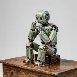 a glazed ceramic sculpture of a robot at the moment it gains sentience, emotional, sitting on an old wooden desk, high quality photograph, studio lighting, sigma 8 5 mm f / 8