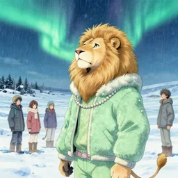 aesthetic portrait commission of a albino male furry anthro lion in the north pole looking towards the sky at the northern lights visible in the sky in the background while wearing a cute green jacket cozy soft pastel winter outfit with pearls on it, rainy atmosphere. character design by charlie bowater, ross tran, artgerm, and makoto shinkai, detailed, inked, western comic book art, 2 0 2 1 award winning painting