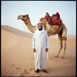 medium format photograph of bedouin man on steep dune with camel, ektachrome, hasselblad film shallow focus portrait, soft light photographed on expired color film,