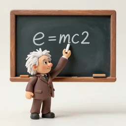 claymation miniature scene of albert einstein standing in front of miniature blackboard writing the mass - energy equivalence formula e = mc 2 with chalk, anatomically correct, hands retouched